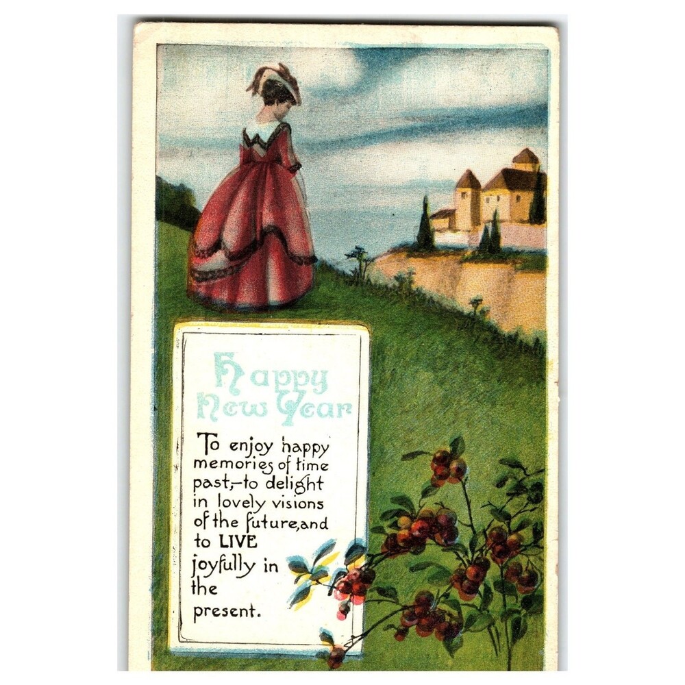 Antique Happy New Year Postcard Woman Red Dress Castle Embossed Greeting